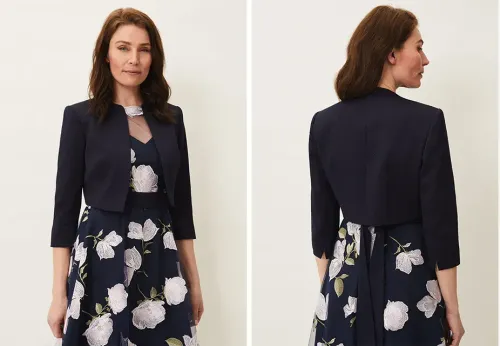 Model showing the front and back of the Phase Eight Karlee Textured Occasion Jacket